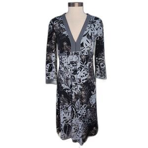 BCBGMaxazria Blue Floral 3/4 Sleeve Tie Waist Midi Dress Size S